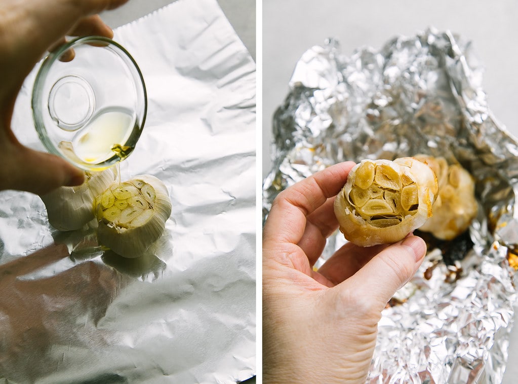 side by side photos showing the process of making roasted garlic.