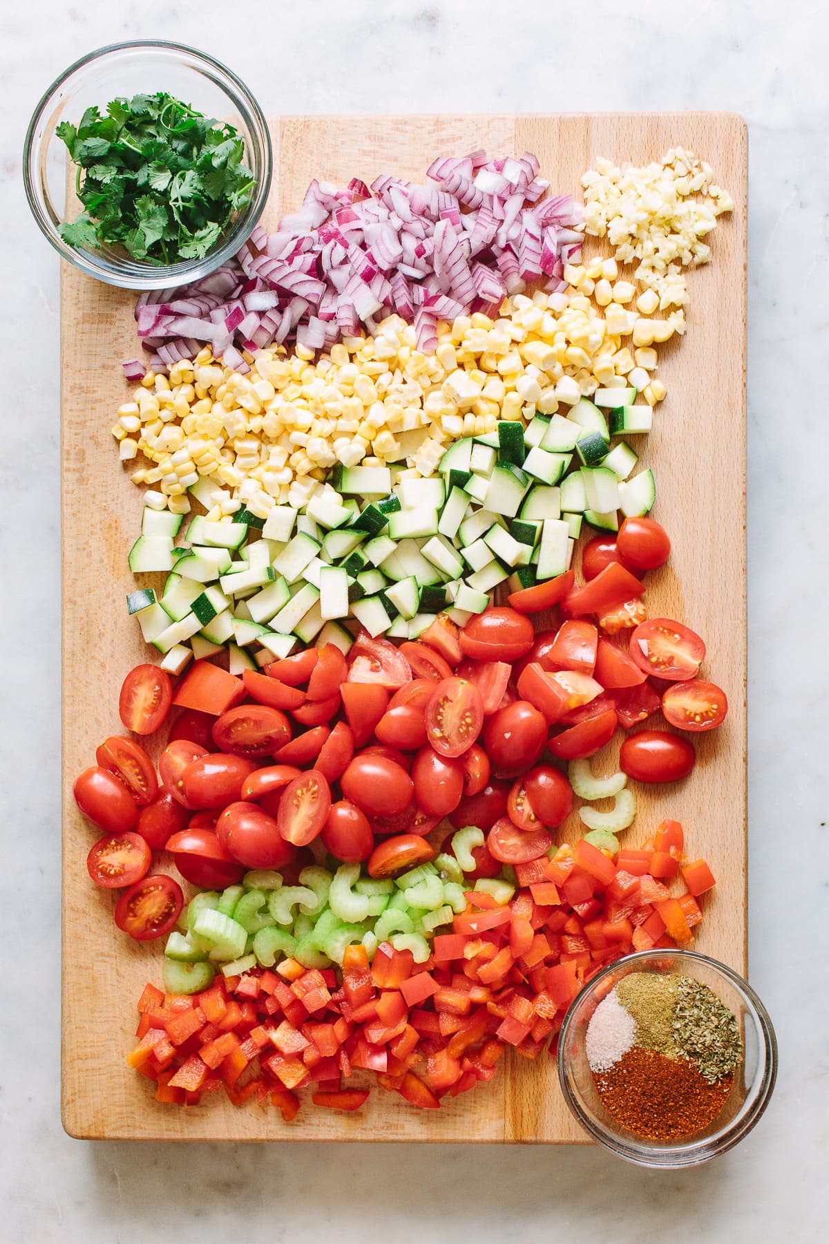 top down view of chopped vegetables for raw veggie chili.