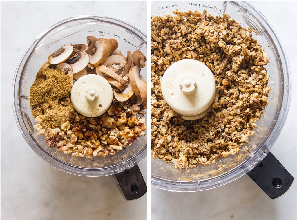 side by side photos of the process of making raw nut meat.