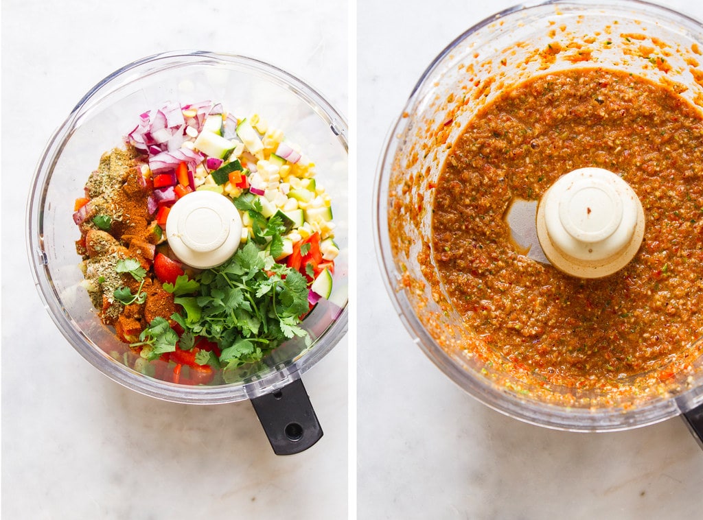 side by side photos of the process of making raw vegetable chili with a food processor.