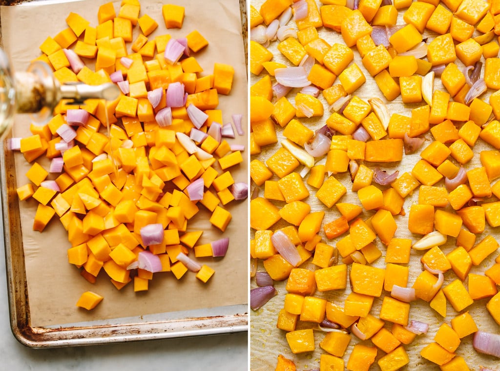 top down view showing the process of roasting butternut squash.