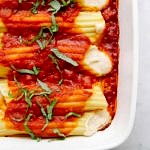 vegan cashew cheese manicotti just baked and ready to serve