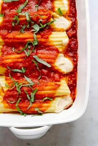 vegan cashew cheese manicotti just baked and ready to serve
