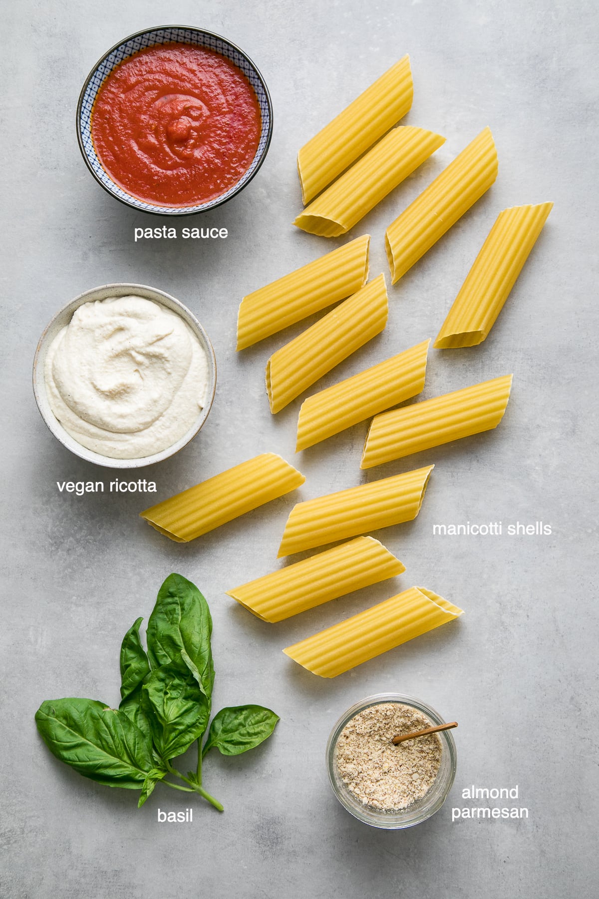 top down view of ingredients used to make vegan manicotti pasta recipe.