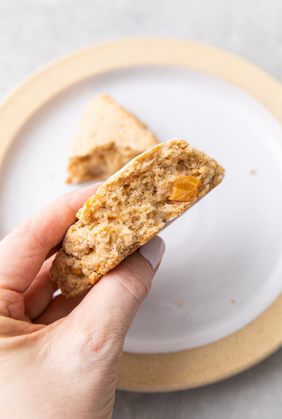 top down view of scone split in half showing the moist and tender inside.