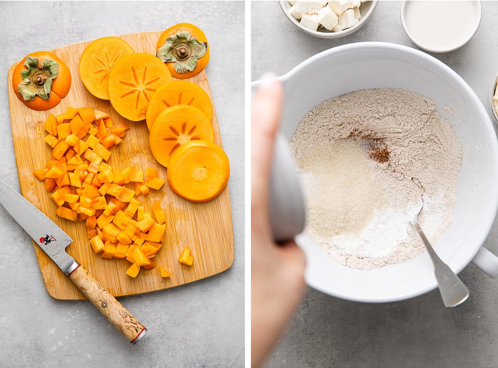 side by side photos of persimmons prepped and mixing dry ingredients together.