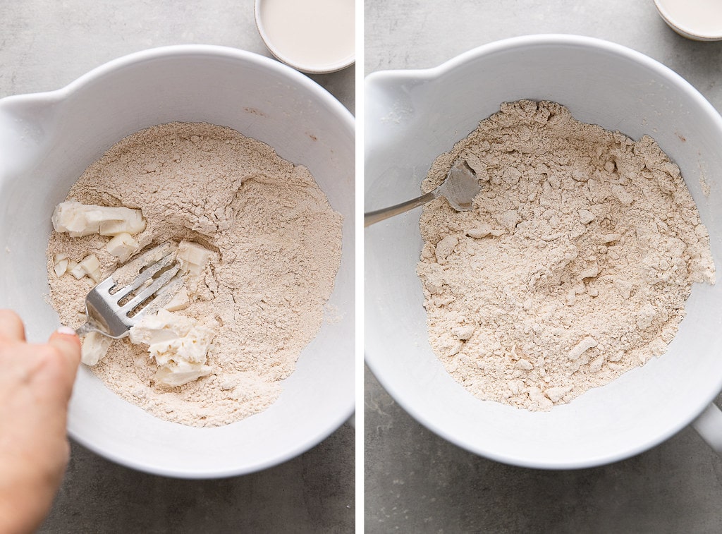 side by side photos showing the process of cutting in butter to vegan scone dough.