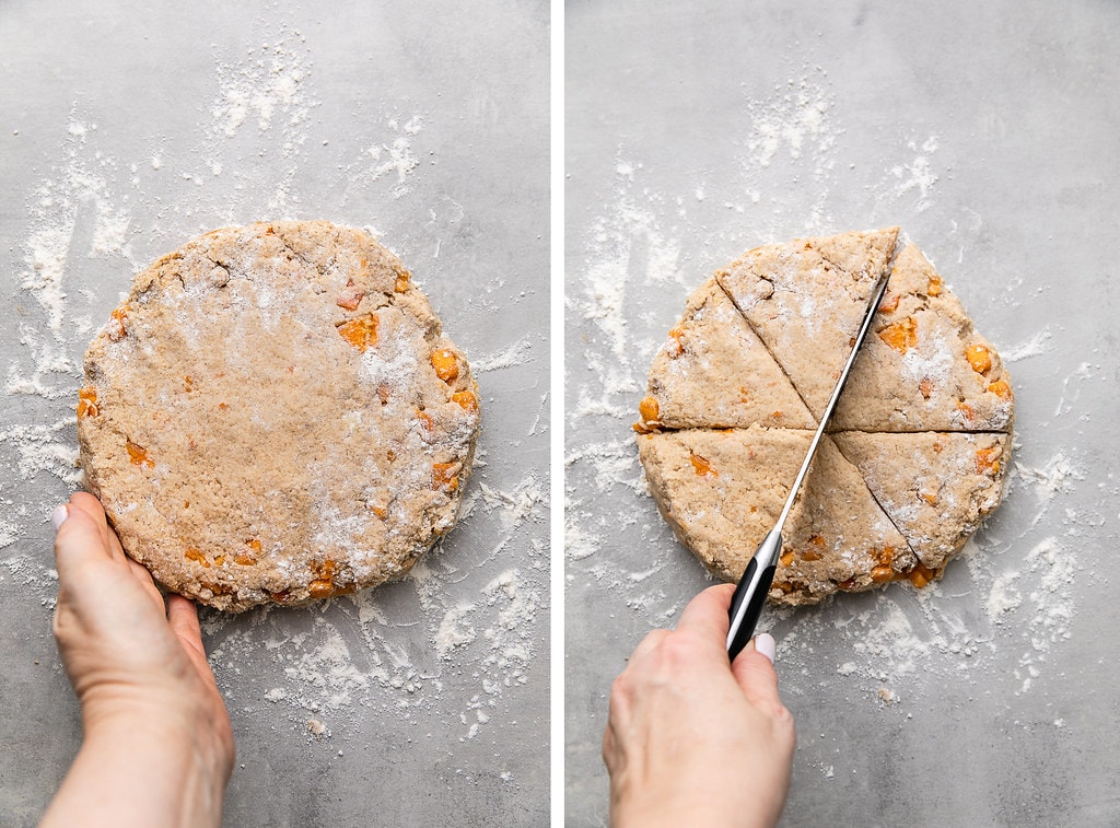 side by side photos of shaped scone dough and cutting into 6 slices.