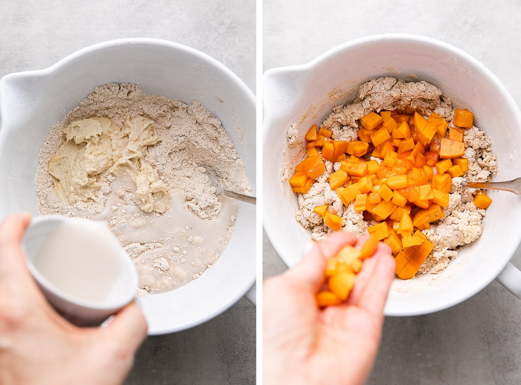 side by side photos adding wet ingredients and diced persimmons to scone dough.