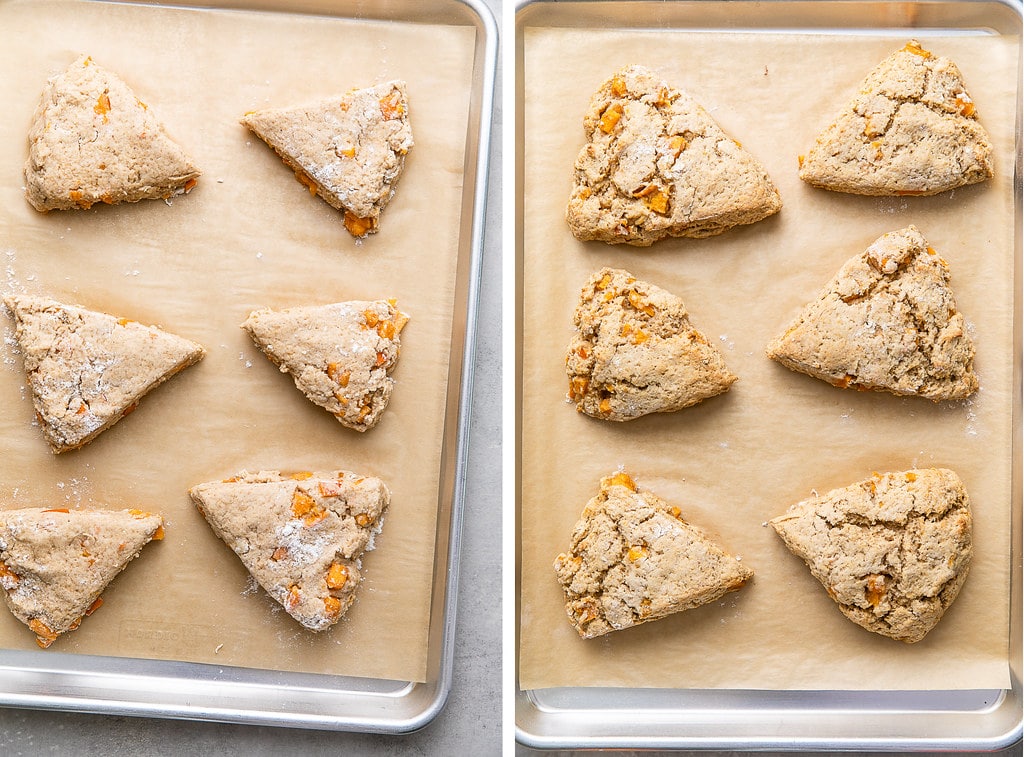 side by side photos of before and after baking vegan ricotta scones with persimmons on a baking sheet.