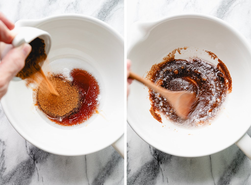side by side pictures of mixing wet ingredients.