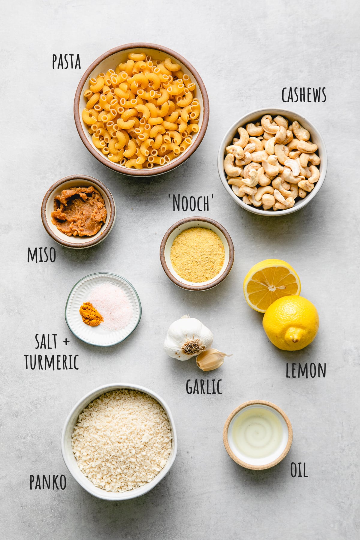 top down view of ingredients used to make baked vegan mac and cheese.