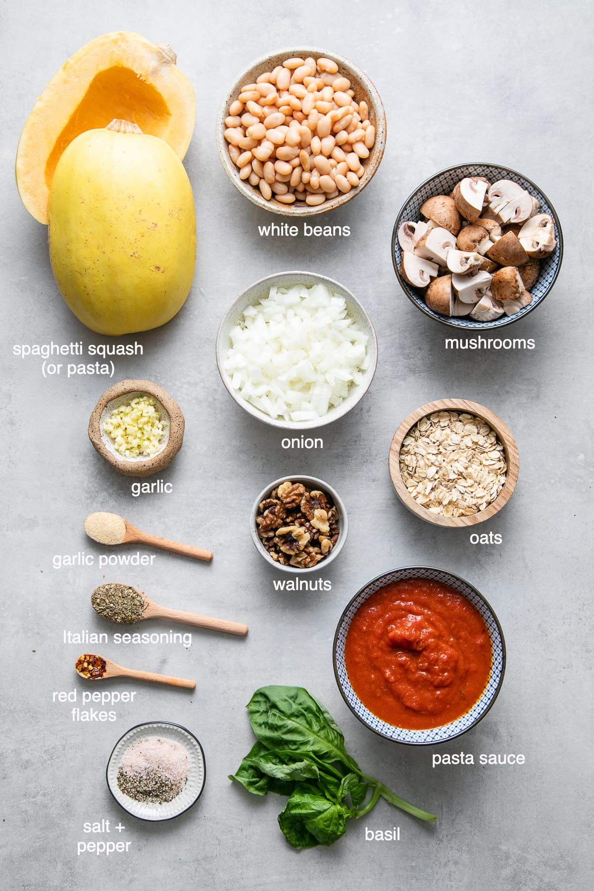 top down view of ingredients used to make spaghetti and vegan meatballs.