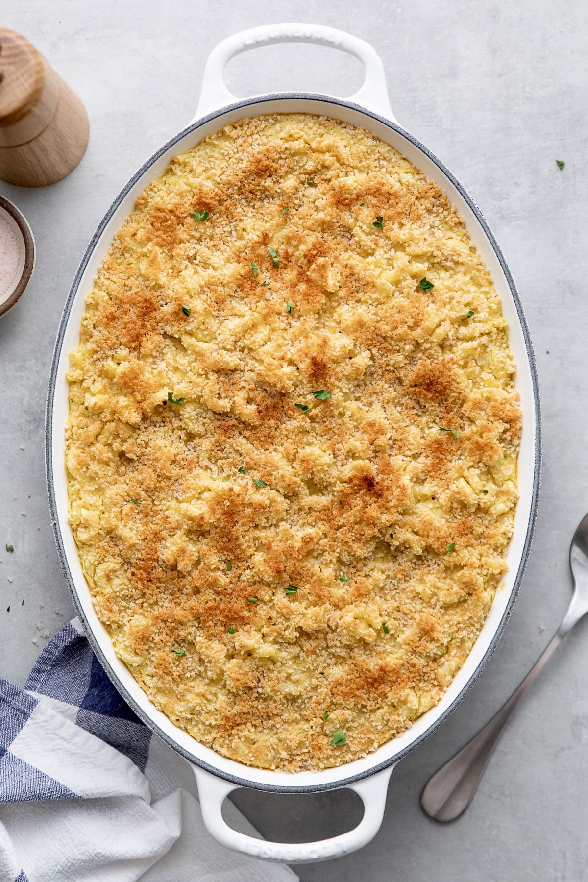 top down view of freshly baked vegan mac and cheese with spoon.