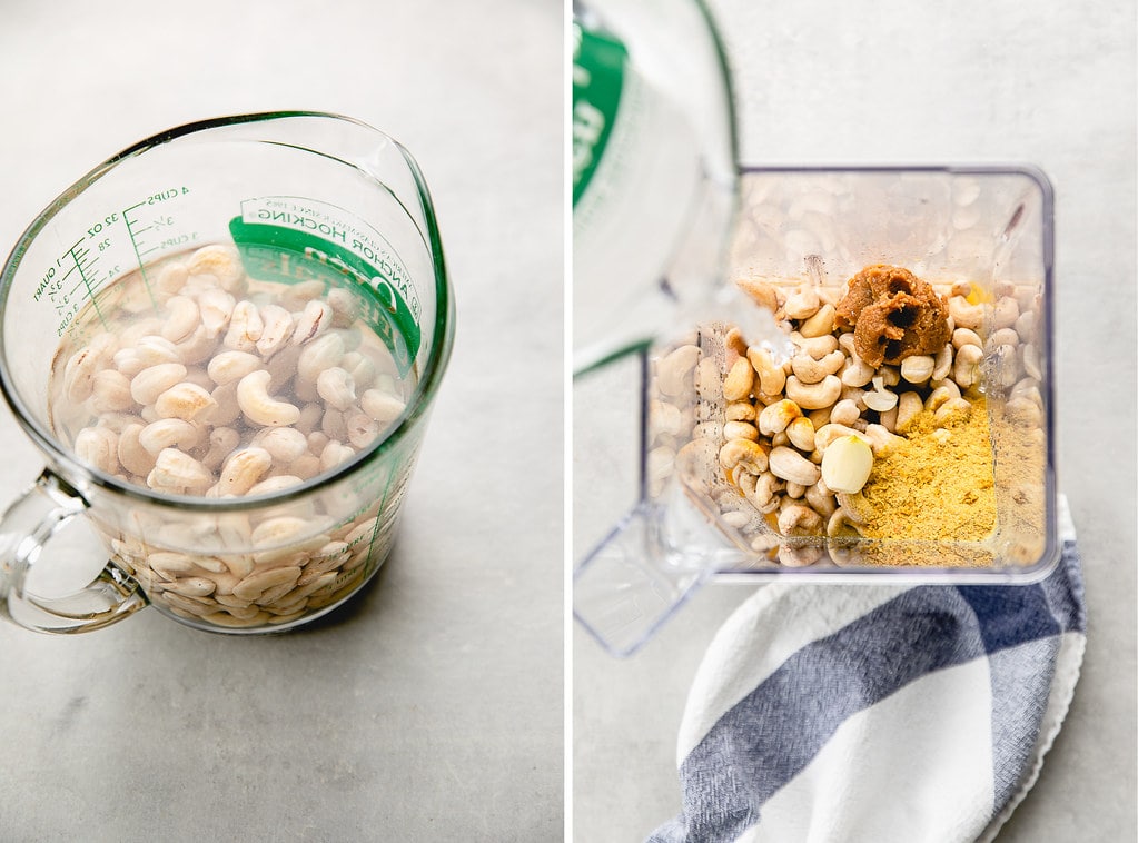 side by side process of making vegan mac and cheese sauce.