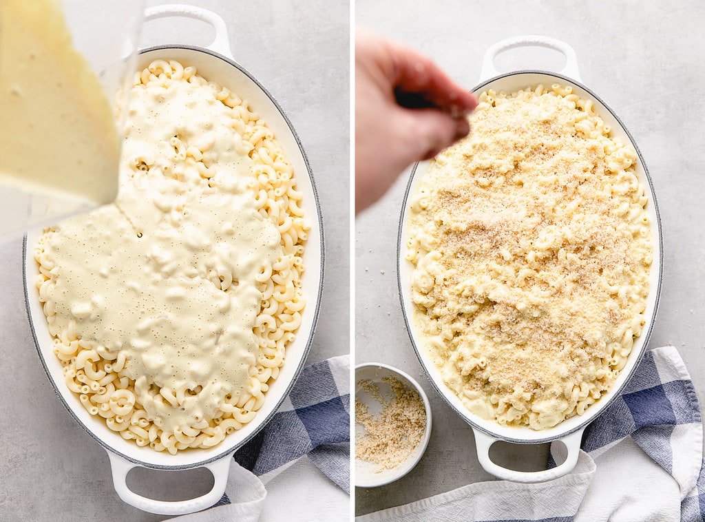 side by side photos showing the process of making vegan baked mac and cheese.