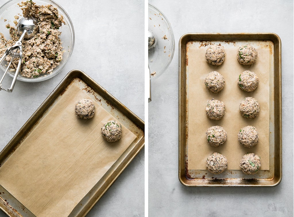 side by side photos showing the process of scooping and rolling the vegan meatball mixture.