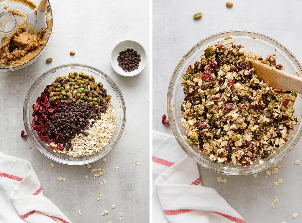 side by side photos showing the process of mixing oatmeal energy bites.