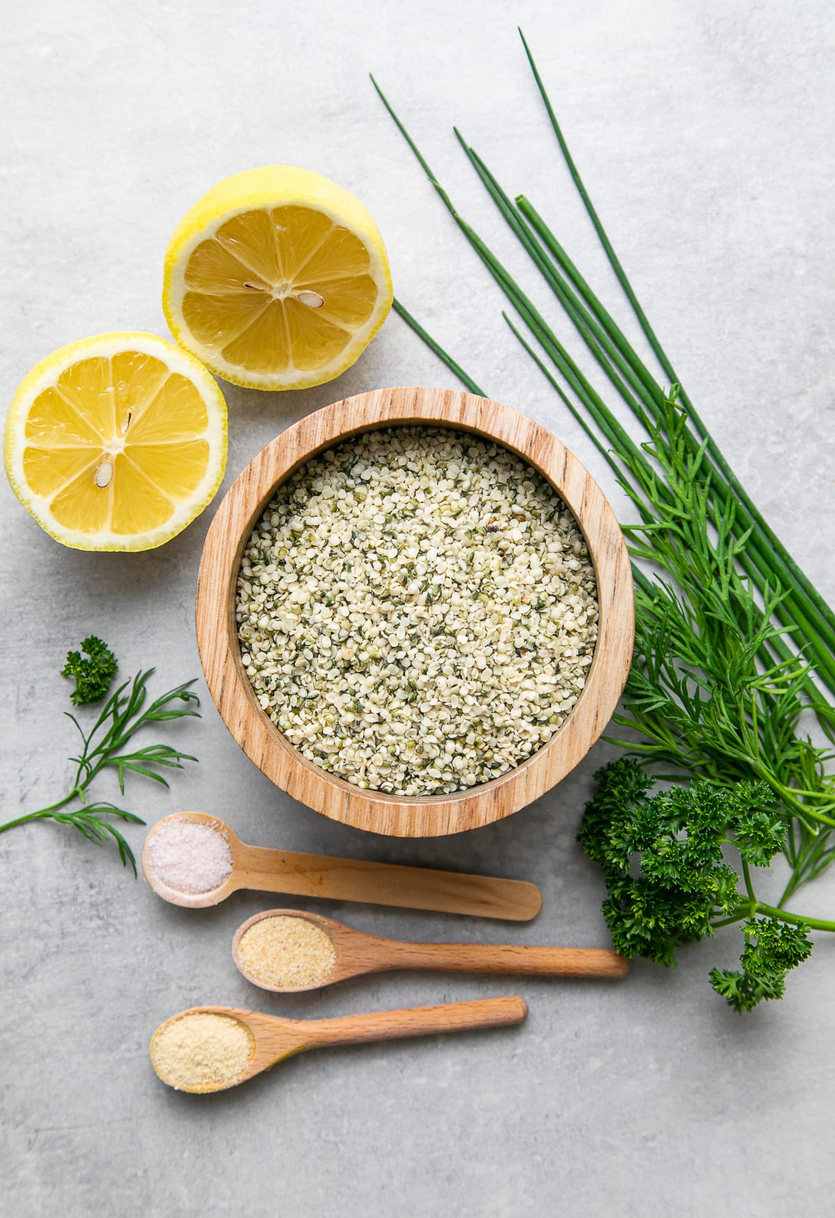 top down view of ingredients used to make ranch style herb hemp dressing recipe.