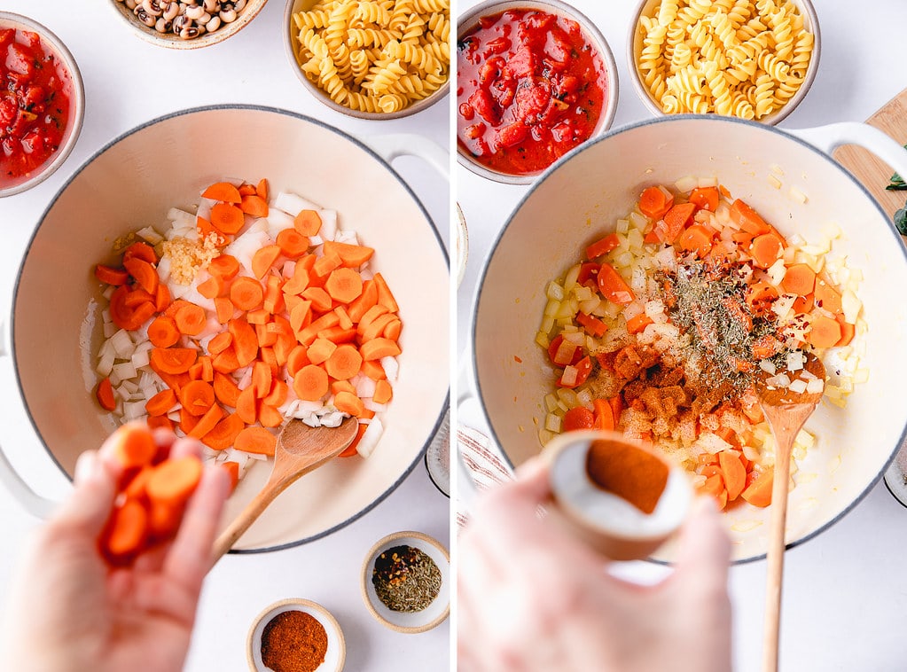 side by side photos showing the process of sauteing veggies for soup.