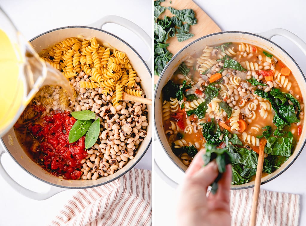side by side photos showing the process of making pasta and bean soup with kale.
