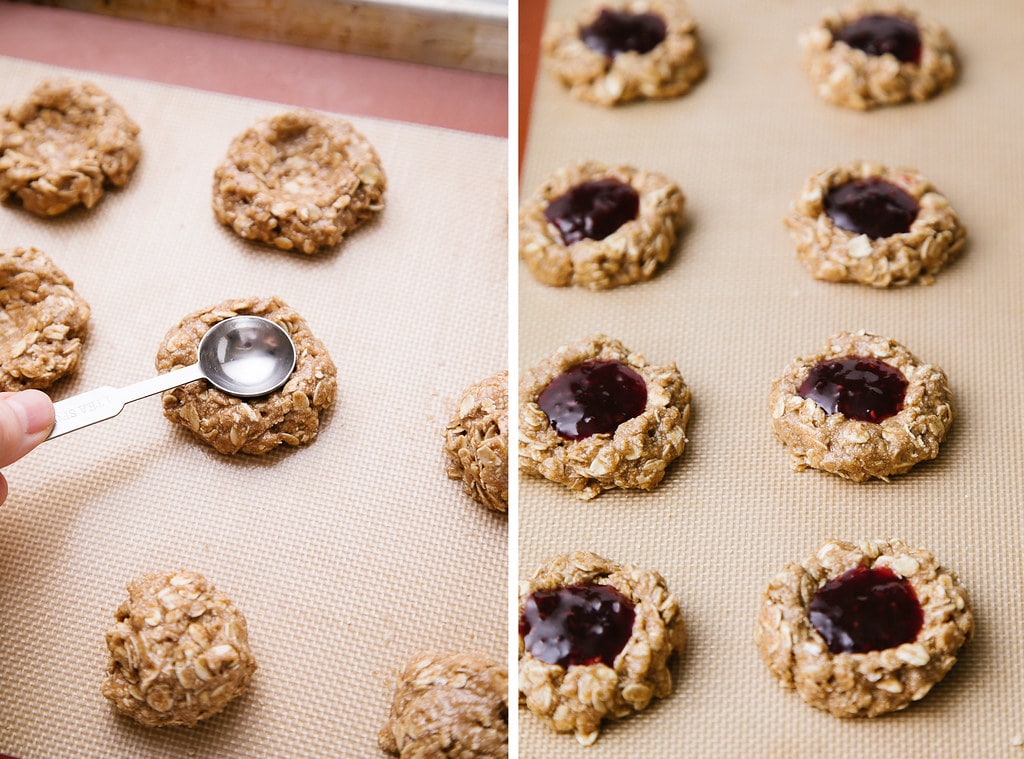 side by side photos showing the process of filling vegan thumbprint cookies with jam.