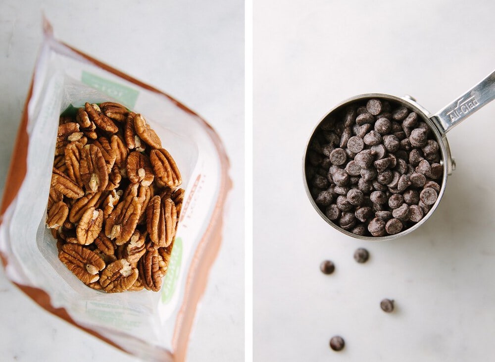 side by side photos of pecans and dark chocolate chips.