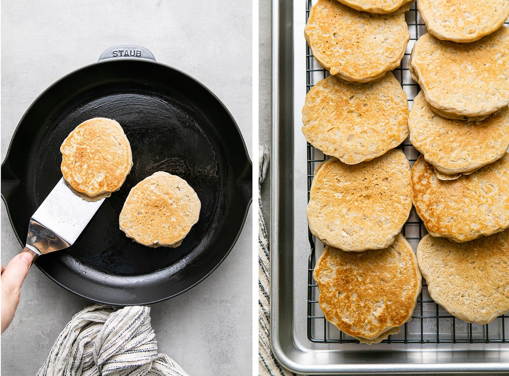 side by side photos showing cooked pancakes in skillet and on cooking rack.
