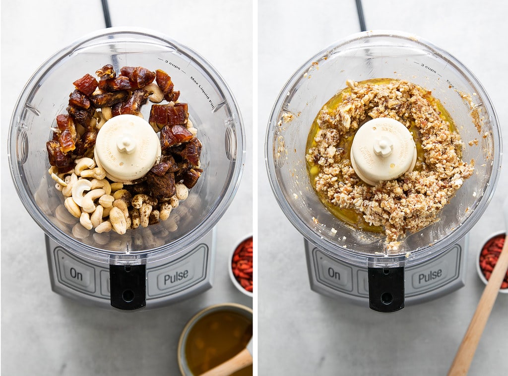 side by side photos showing the process of making truffle mixture in food processor.