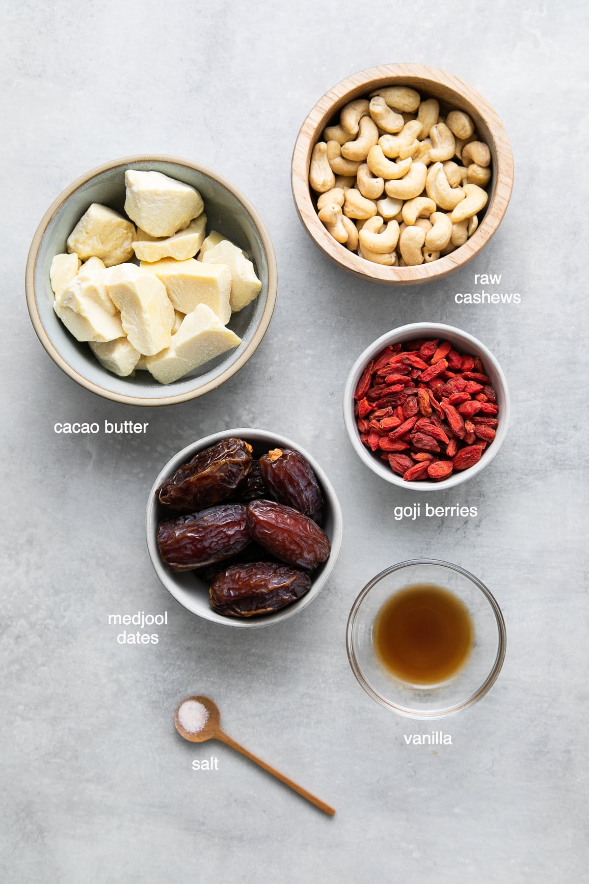 top down view of ingredients used to make white chocolate truffles recipe with goji berries.