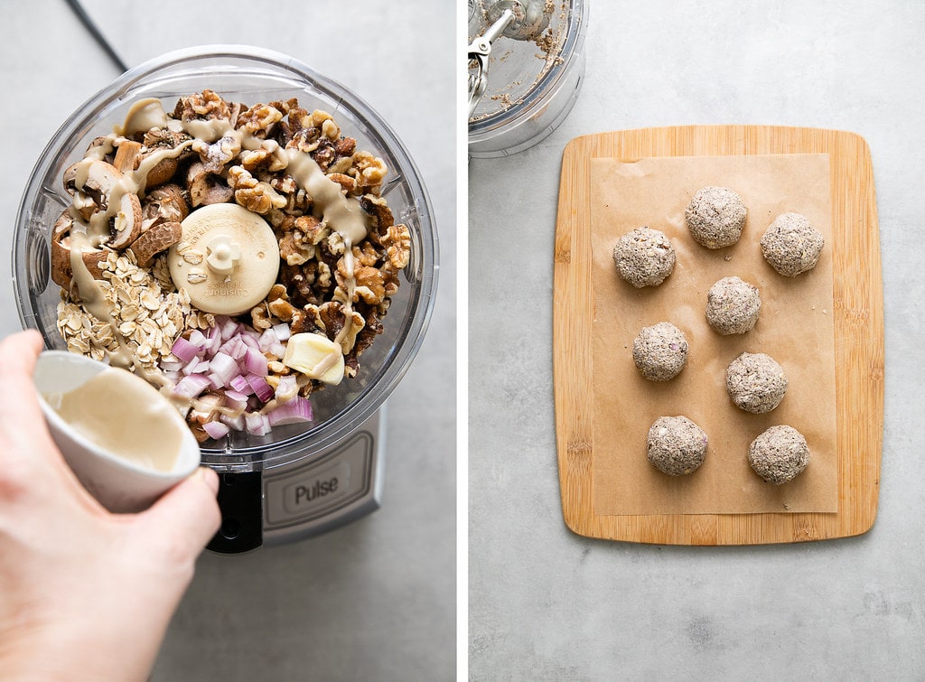 side by side photos showing the process of making raw walnut meatballs.