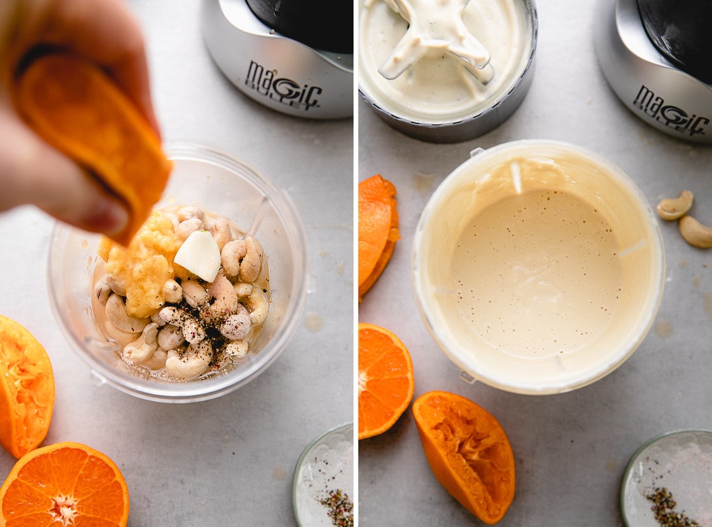 side by side photos showing the process of making orange ginger dressing.