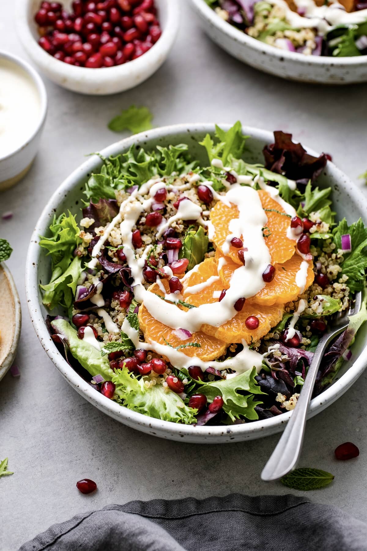 side angle view of winter salad with items surrounding.