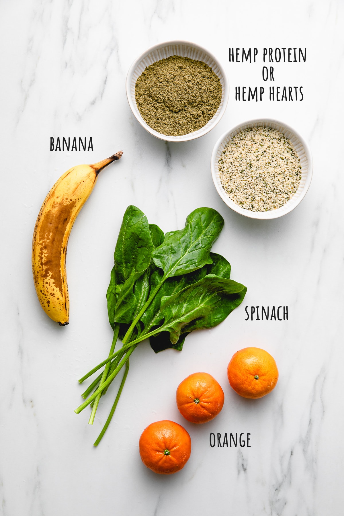 top down view of ingredients used to make the fresh hemp seed smoothie recipe.