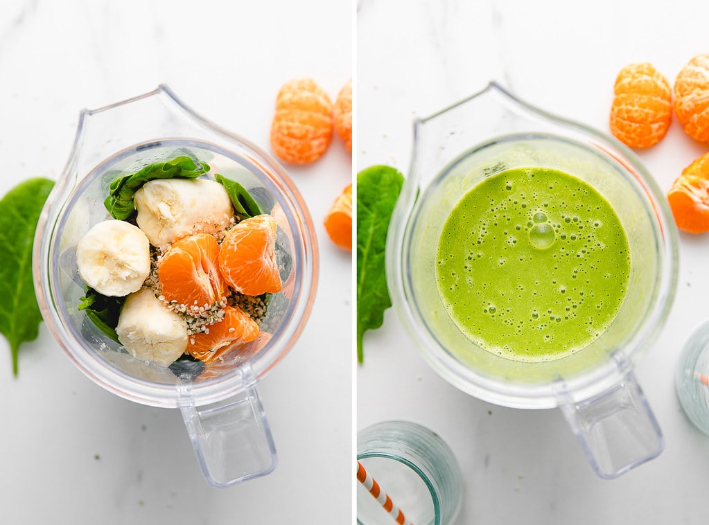 side by side photos showing the process of making a hemp smoothie.