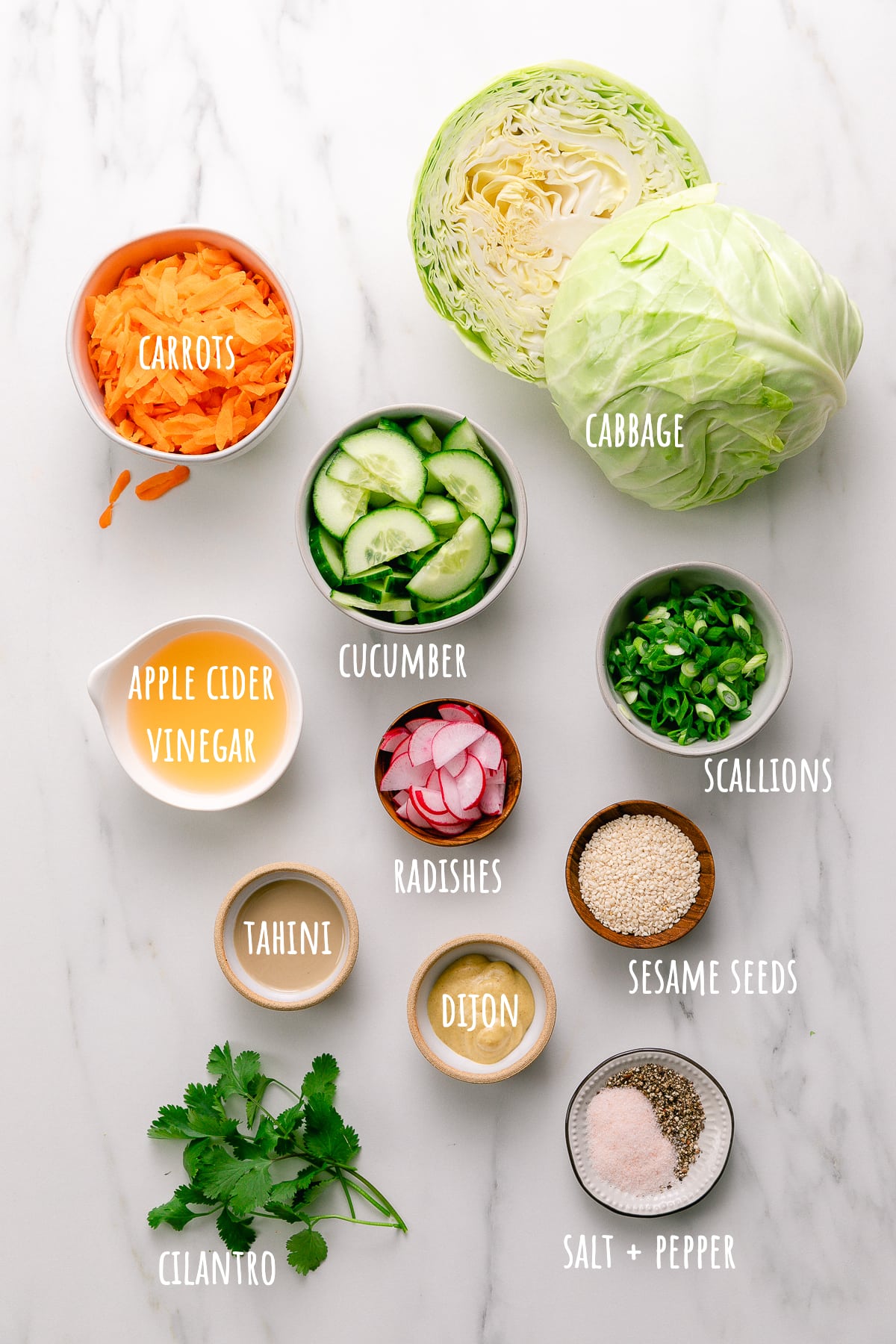 top down view of ingredients used to make healthy cabbage salad recipe.
