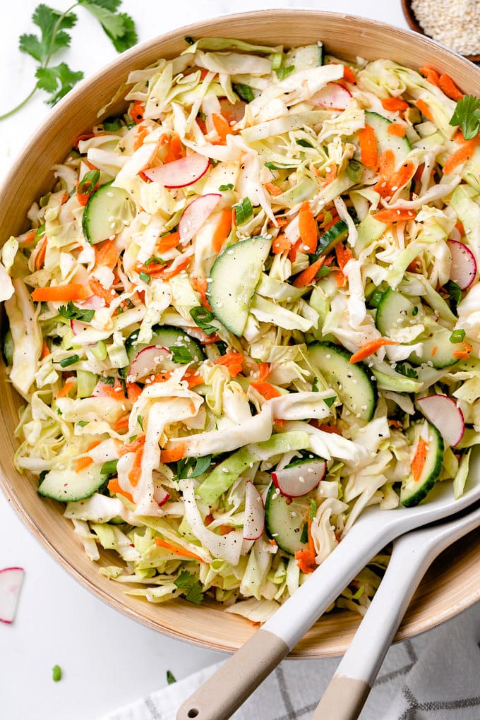 top down view of serving bowl with healthy sesame cabbage salad.
