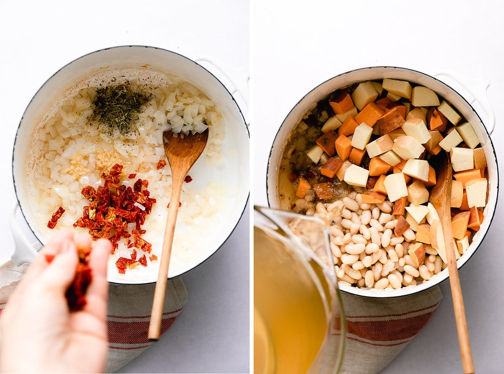 top down view showing process of making sweet potato kale soup with white beans.