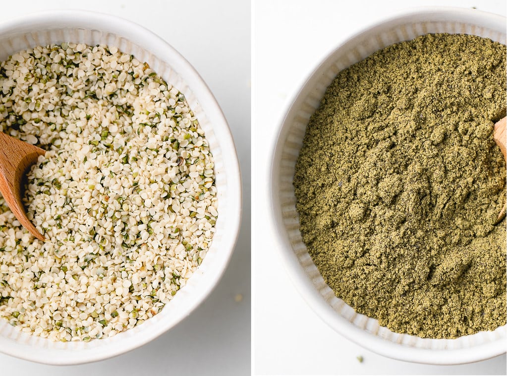 side by side photos of hemp hearts (aka hulled hemp seeds) and hemp protein powder.