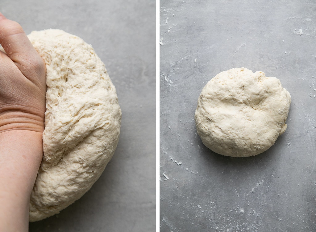 side by side photos showing the process of kneading pretzel dough.