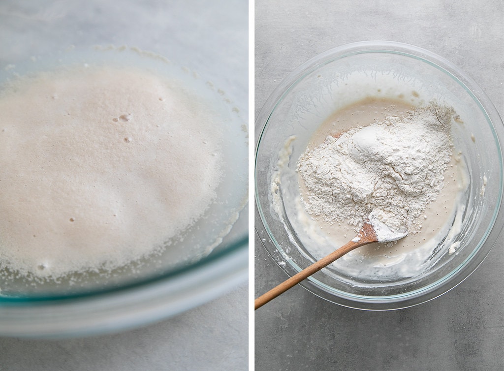 side by side photos showing how to mix pretzel dough in a glass bowl.