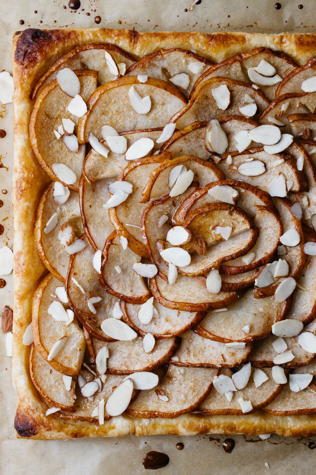 up close view of freshly made pear tart.
