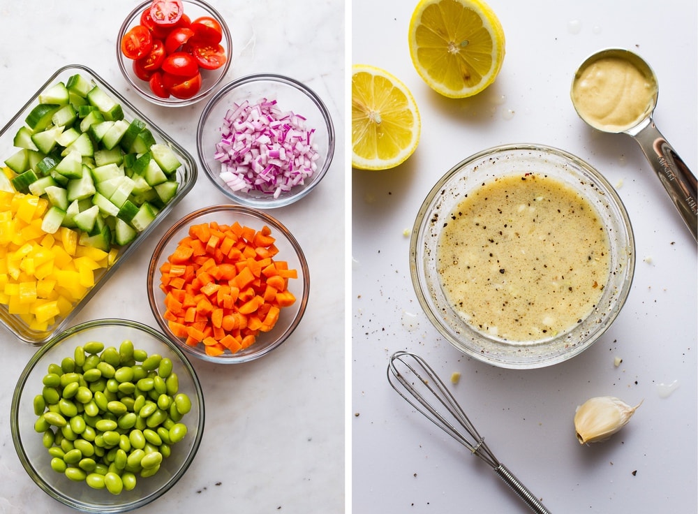 side by side photo of prepped veggies for quinoa salad, next to the freshly mixed zesty garlic lemon dijon dressing in a small glass bowl