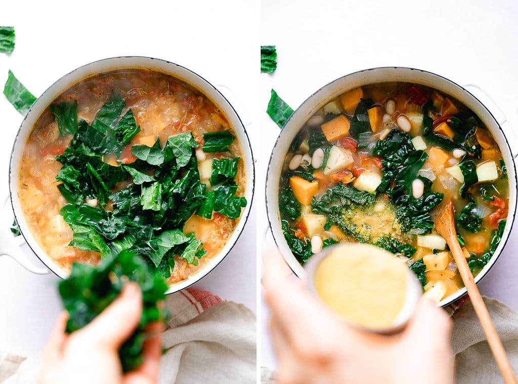 top down view showing the process of making healthy sweet potato kale soup.