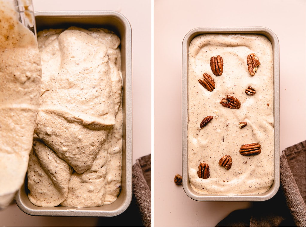 side by side photos showing process of adding ice cream to container before freezing.