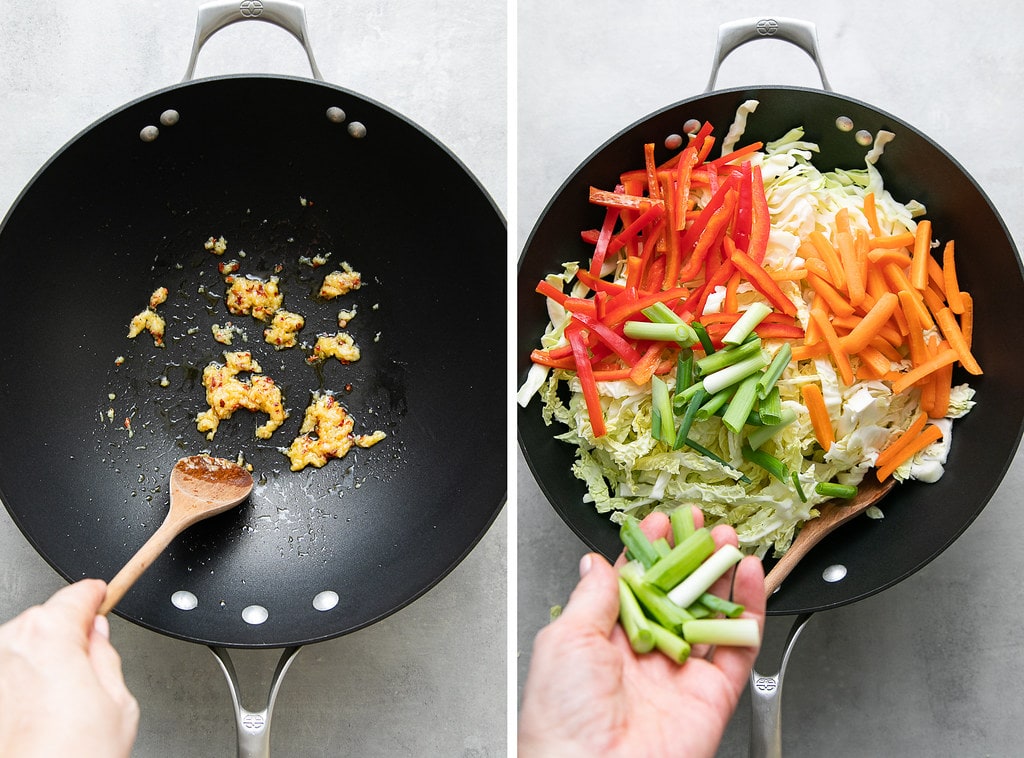 side by side photos showing the process of stir frying cabbage.