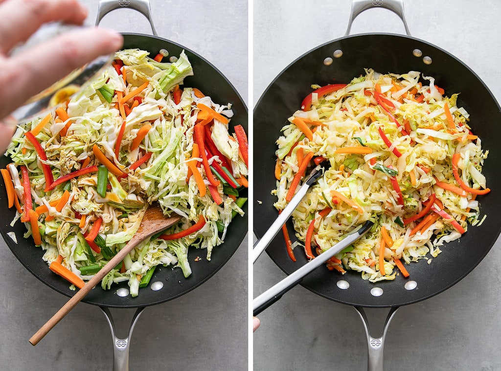 side by side photos showing the process of adding seasoning to stir fried cabbage.