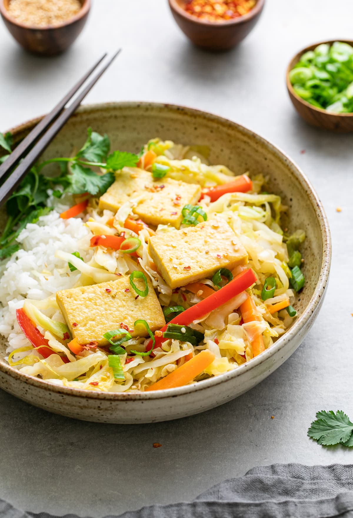 side angle view cabbage stir fry with tofu in a bowl.