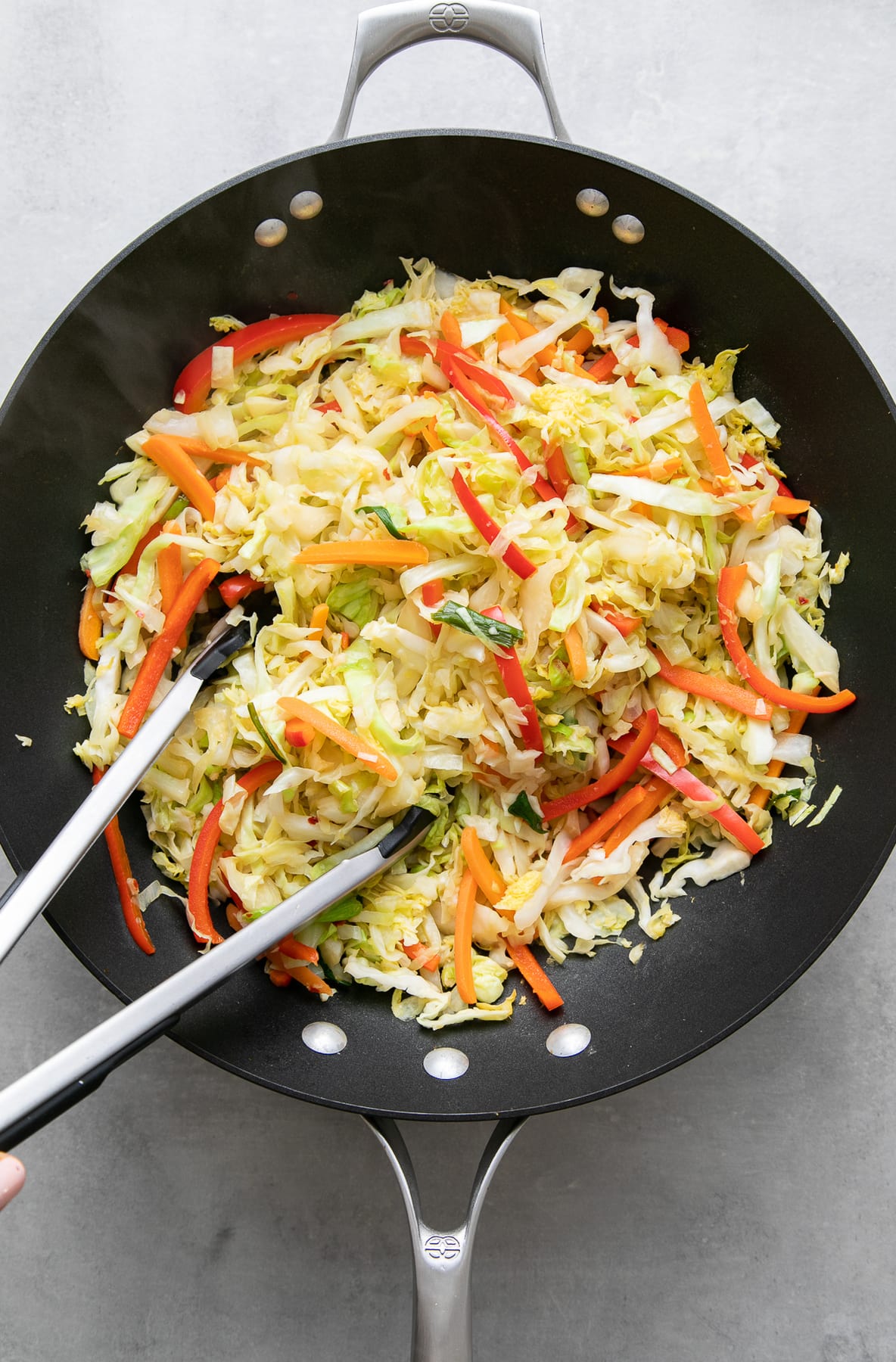 top down view of wok with freshly made cabbage stir fry.