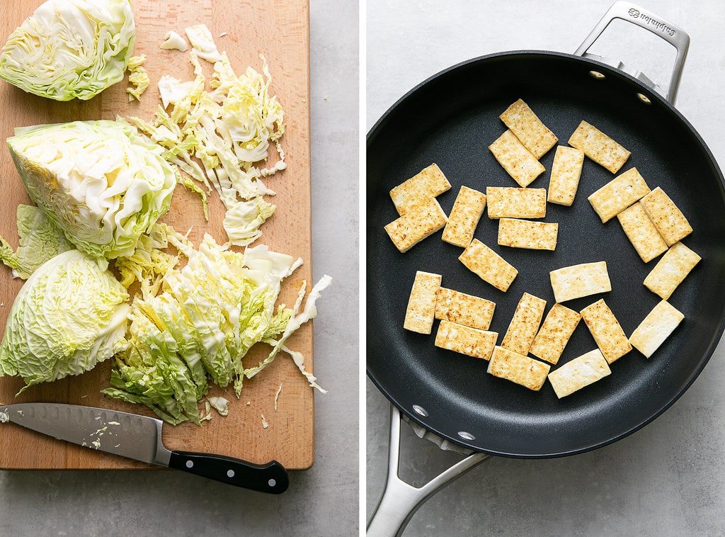 side by side photos of prepping cabbage and crispy tofu in a pan.